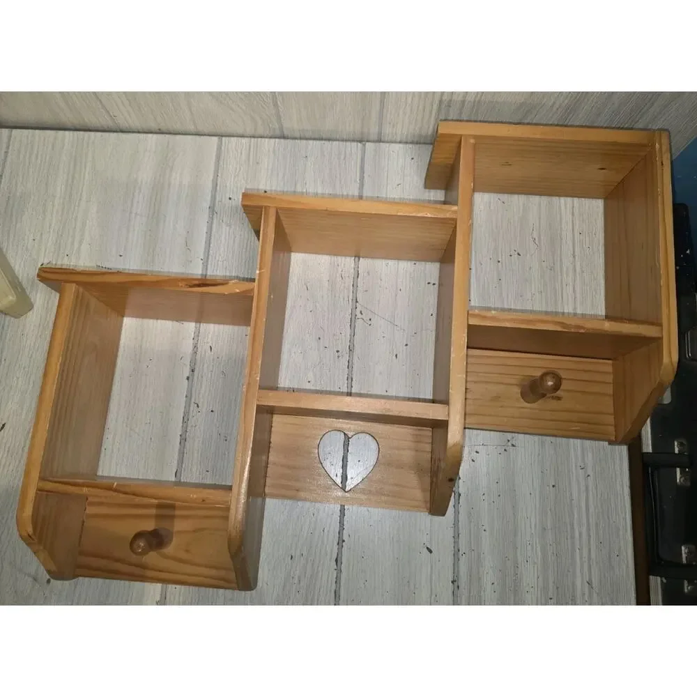 Vintage Heart Cutout 3 Tier Display Shelf Wood W/Pegs Rustic Country Farmhouse